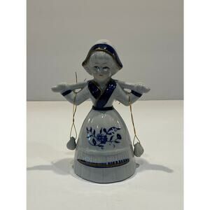 Vintage Delft Blue White Dutch Girl Milk Maid with Buckets 5.5" Bell